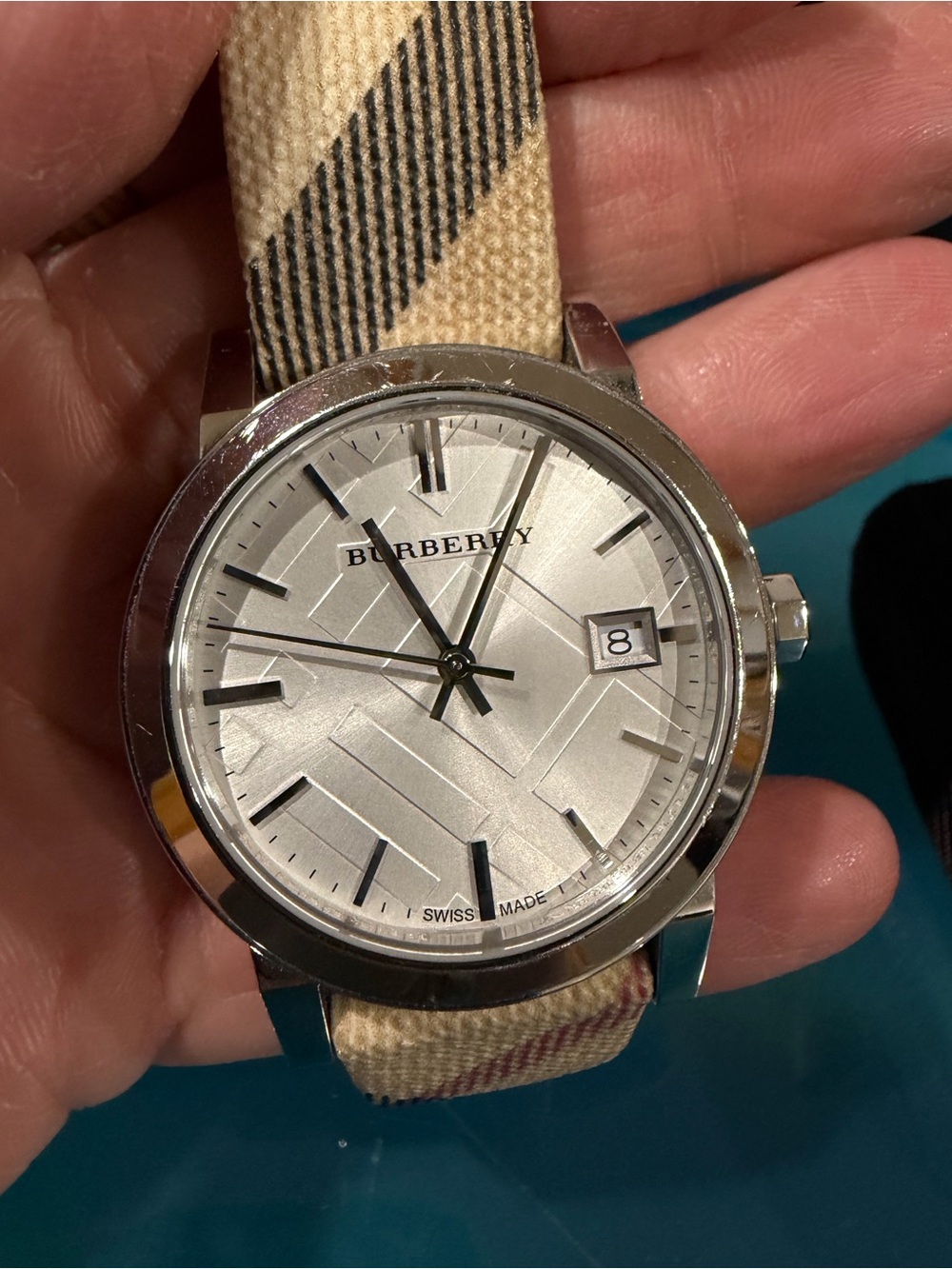 Burberry Silver Dial Watch with Beige Check Strap - Picture 2 of 6